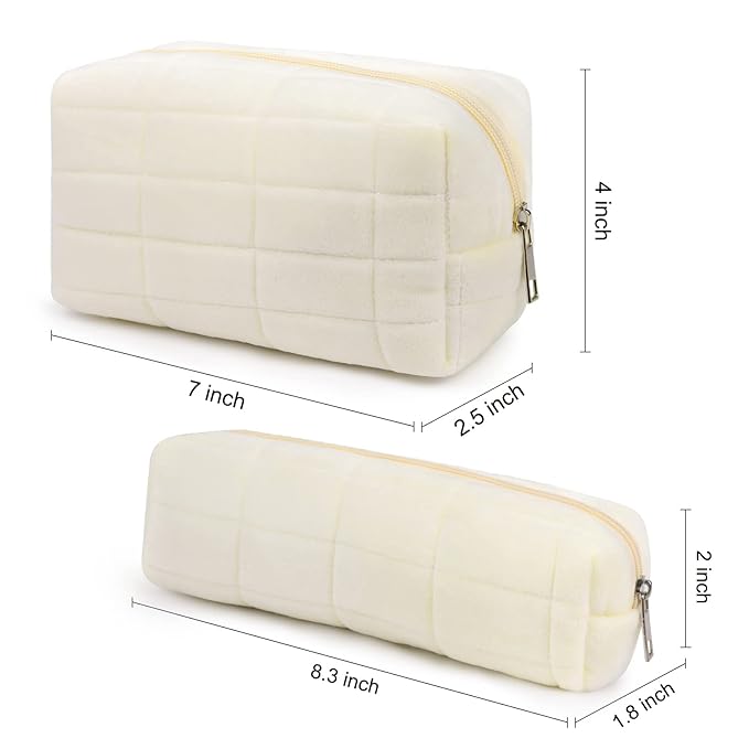 SOIDRAM Makeup Bag Checkered Cosmetic Bag Plush White Makeup Pouch 1Pcs Large Capacity Makeup Bags and 1Pcs Makeup Brushes Storage Bag Travel Toiletry Bag Organizer