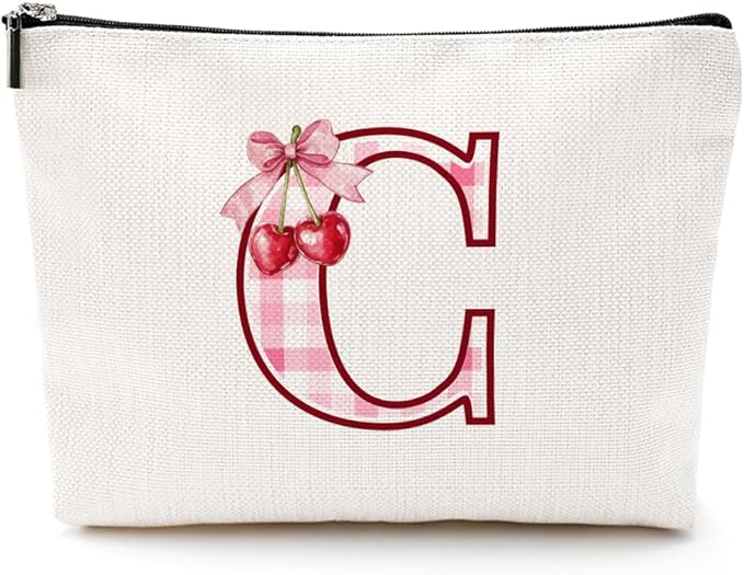 Initial Makeup Bag Monogram Cosmetic Bag Monogrammed Gifts for Women Girls Friends Coworker Sisters Personalized Travel Toiletry Bag Christmas Bridal Shower Wedding Bridesmaid Gifts, Cherry C