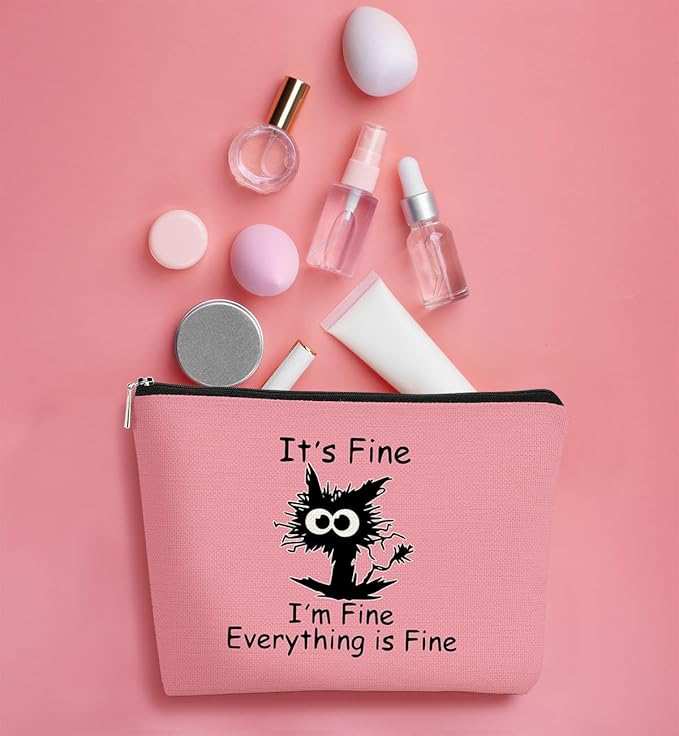 Cat Makeup bag It's Fine Everything is Fine Inspirational Funny Cat Kitten,Cosmetic Bag Zipper Travel Toiletry Bag， Gift Idea for Cat Lovers Teen Girls,Cat Owners Gifts,Birthday Gift(Pink)