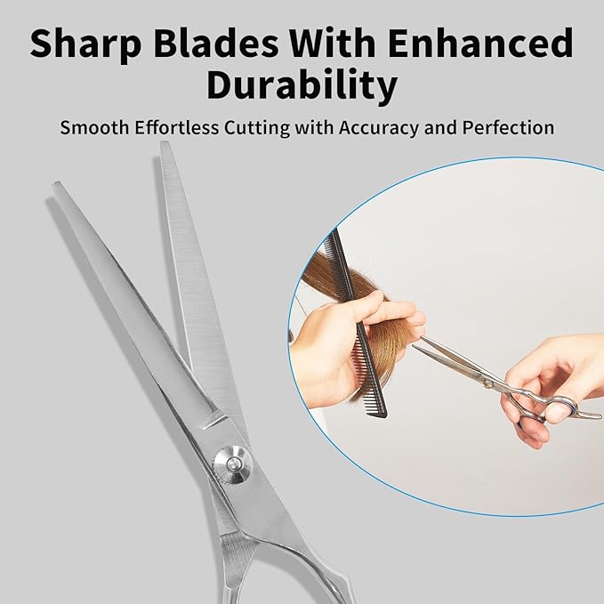 Hair Cutting Scissors,6.5 Inch Professional Stainless Steel Barber Haircut Shears Razor,Sharp Blades,One Comb Included, For Salon Home Men Women Adults Kids Pet (Silver)