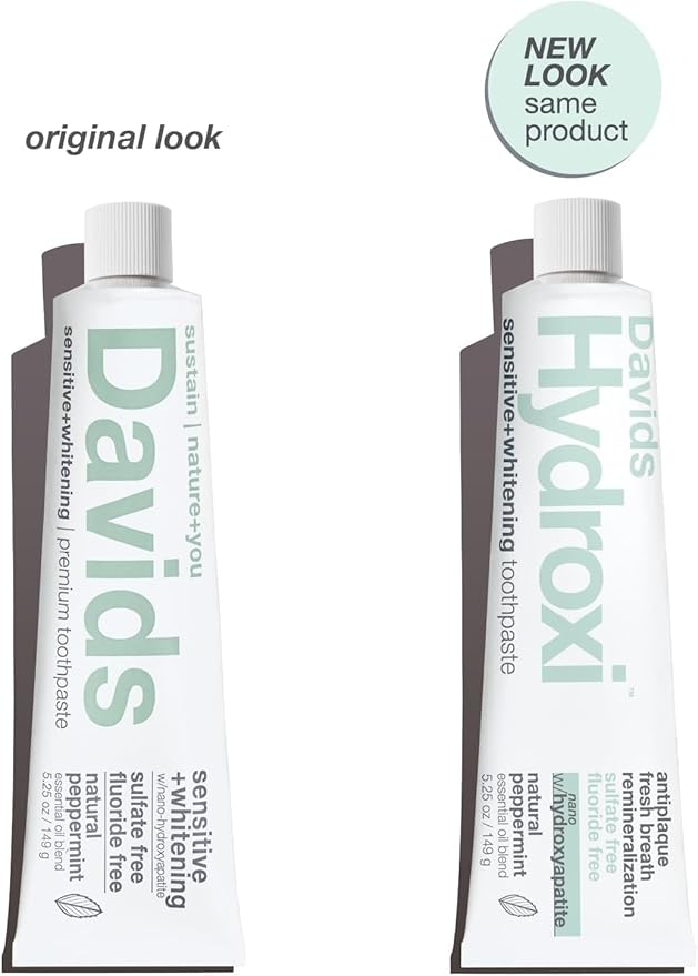 Davids Hydroxi Fluoride Free Nano Hydroxyapatite Toothpaste for Remineralizing Enamel & Sensitive Relief, Whitening, Antiplaque, SLS Free, Natural Peppermint, 5.25oz, Made in USA (3 Pack)