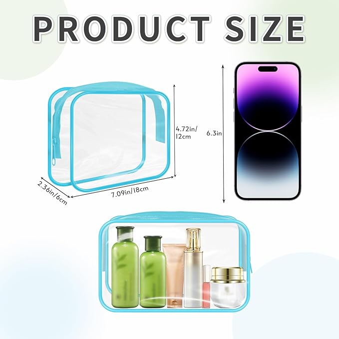 16 Pieces Clear Makeup Bags Bulk, TSA Approved Toiletry Bags Travel Pouch, Waterproof PVC Plastic Small Clear Cosmetic Bags with Zipper for Organizing (Blue Border)