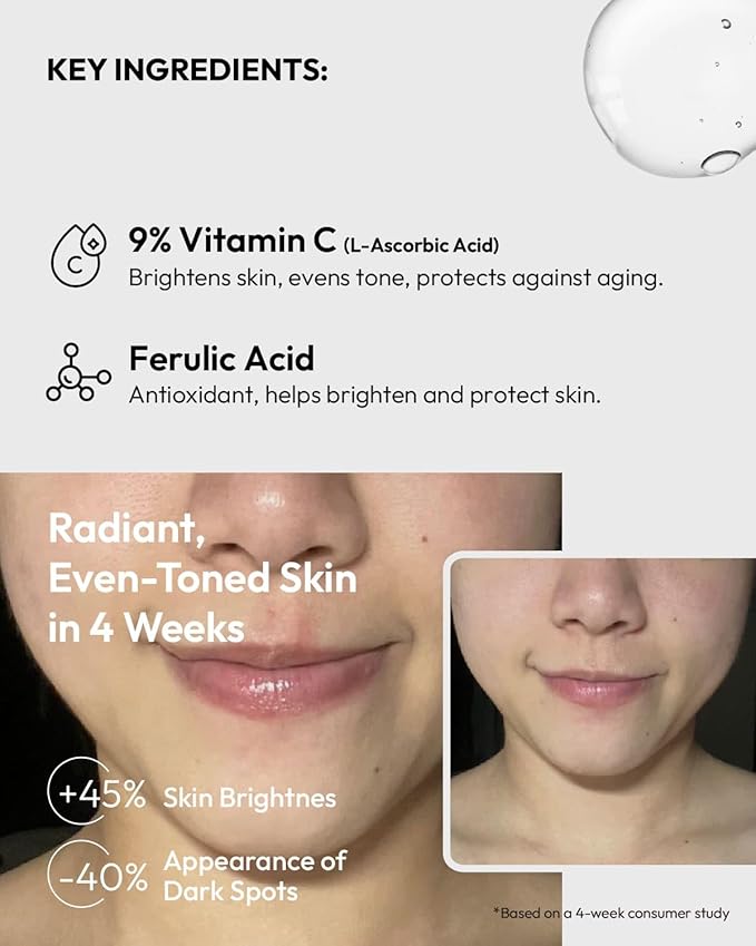 Kira Glow Serum Vitamin C 9% + Ferulic Acid, High-Potency L-Ascorbic Acid Serum for Face, Brightens & Fades Dark Spots, 1 Fl Oz