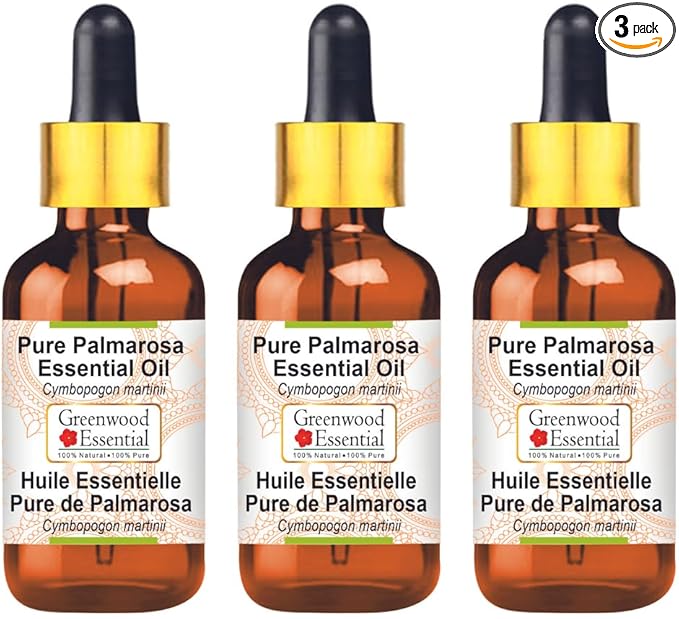 Greenwood Essential Pure Palmarosa Essential Oil (Cymbopogon martinii) with Glass Dropper Steam Distilled (Pack of Three) 100ml X 3 (10.1oz)