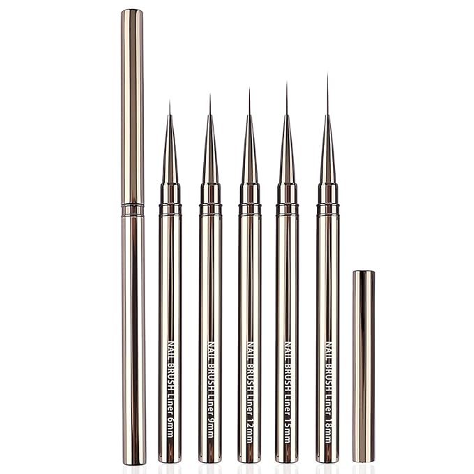 WOKOTO 5Pcs Liner Nail Art Brushes For Acrylic Nails Liner Brushes For Nails Champagne Handles Mix-Size 6mm 9mm 12mm 15mm 18mm Liner Nail Brushes Kit Thin Detail Nail Polish Detail Brushes Set