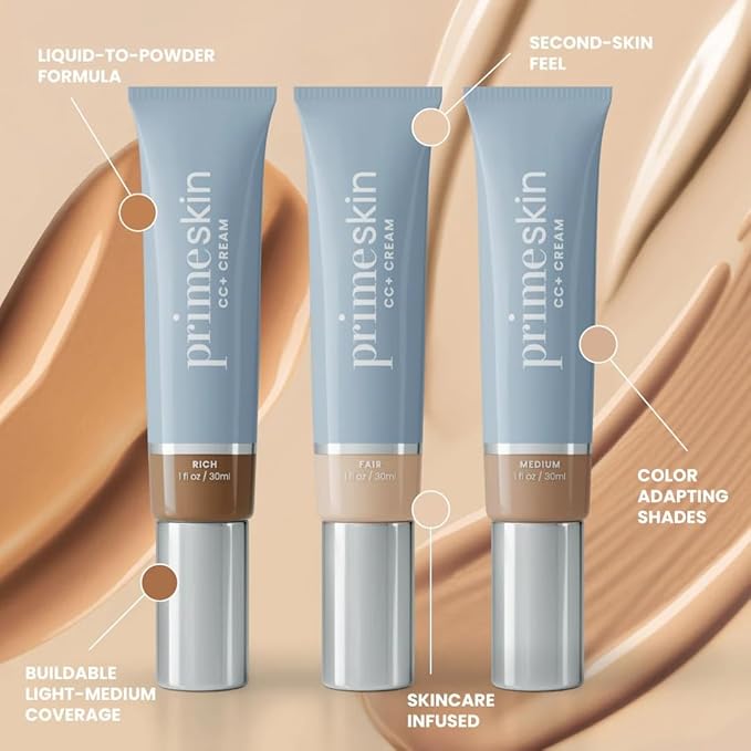 Prime Prometics PrimeSkin CC+ Cream for Mature Women – Lightweight Liquid-to-Powder Foundation – Blurs Pores & Covers Age Spots – Crease-Free, Hydrating & Soft-Matte Finish for Sensitive Skin (Medium)