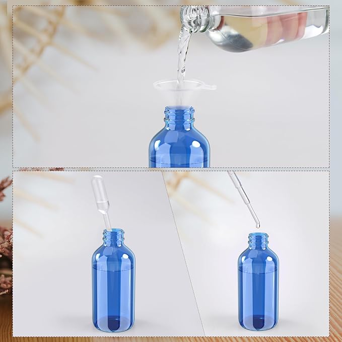 Wedama 4 oz Mini Glass Spray Bottles, Empty Small Spray Bottles with Funnel Dropper, Fine Mist for Hair, Travel, Plants, Cleaning Solutions and Skin Care (4 Pack Sky Blue)