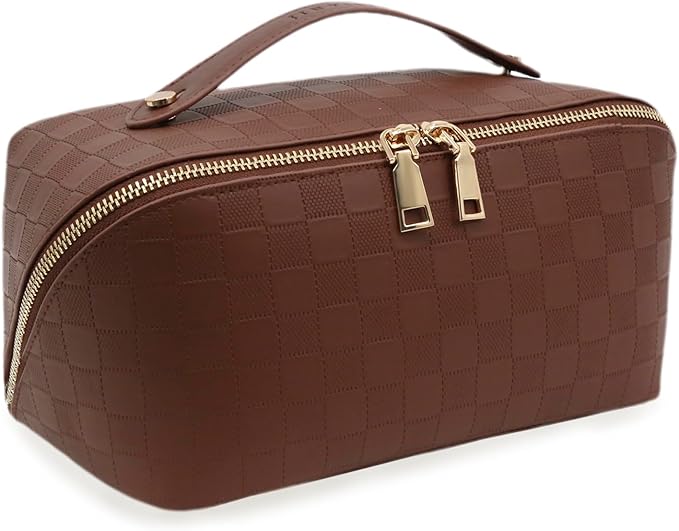 Travel Makeup Bag – Large Cosmetic Organizer with Waterproof PU Leather, Smooth Double Zipper & Tear-Resistant Lining, Toiletry Pouch for Women (Brown)