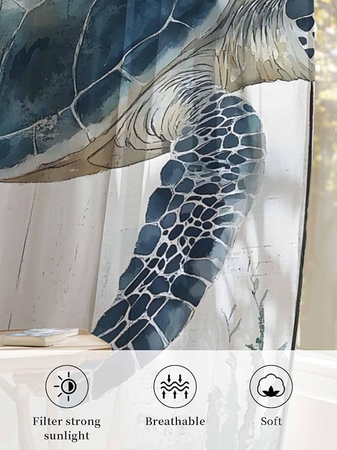 Sheer Curtains 45 Inch Length, Sea Turtle Teal Blue Semi Sheer Curtains Light - Image 6