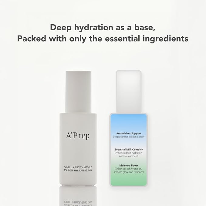A'Prep Camellia Snow Ampoule – Hydrating & Brightening Facial Serum with Camellia Japonica, Niacinamide & Hyaluronic Acid, EWG Green Formula, Korean Skincare, 50ml