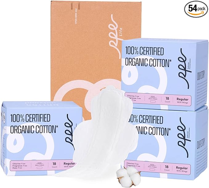 100% Organic Pads for Women 54ct, Ultra Thin Unscented Feminine Period-Pads with Wing, Regular Absorbency Sanitary Pad, Organic Cotton Pad Menstrual (Regular, Size 3, 54 Count)