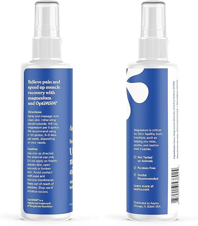 ASUTRA Ultra Magnesium Oil Spray with OptiMSM, 4 fl oz - Topical Magnesium, Rapid Absorption, Pure, Odorless and Non-Greasy, Derived from Zechstein Seabed