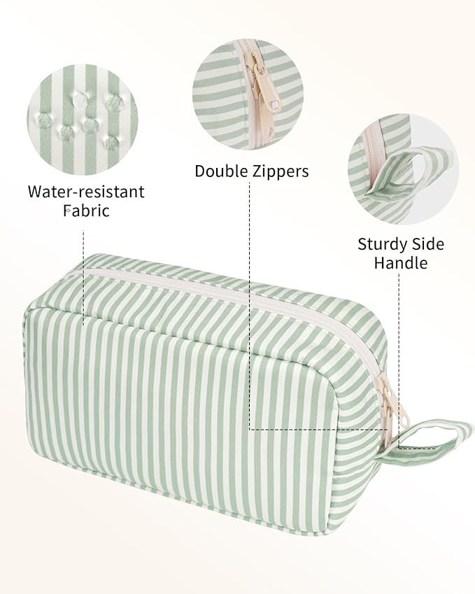 Narwey Cute Makeup Bag Small Toiletry Bag Travel Cosmetic Bag Organizer Make Up Bags with Organized Pockets for Women (Mint Green Stripe, Large)