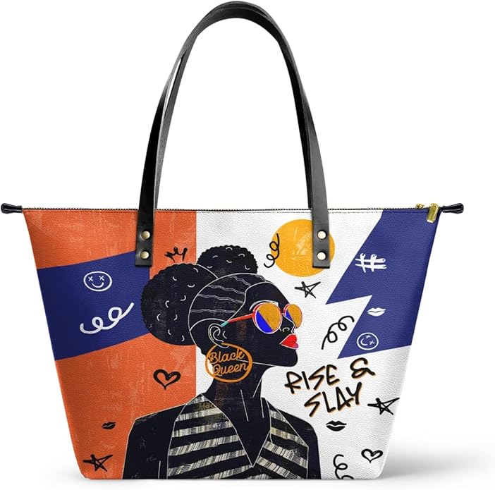 African Black Women's Leather Tote Bag, Large, Premium Vegan Leather, Full Zip, Perfect Christmas Gifts For Women