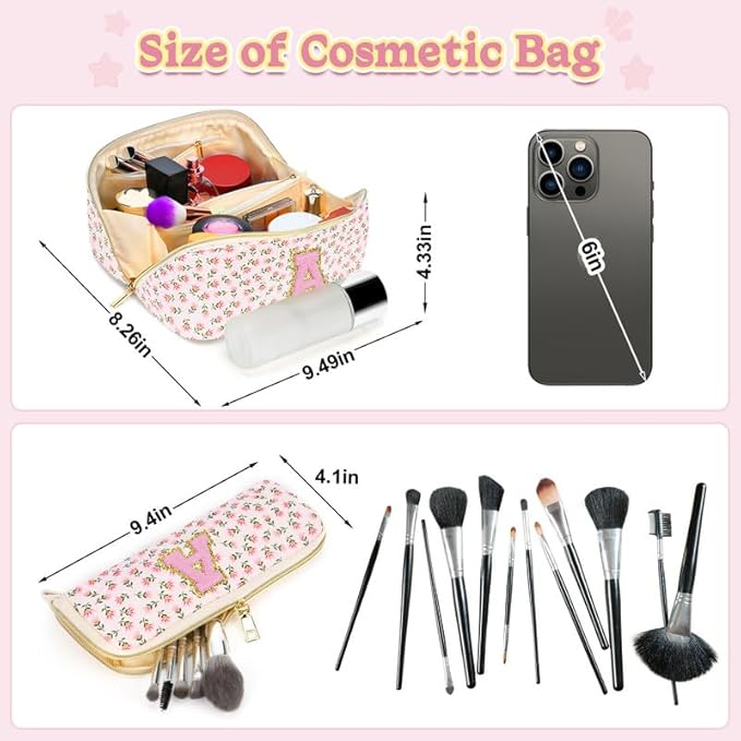 Personalized Travel Makeup Bag Set,Initial Travel Cute Floral Makeup Organizer Bag,Toiletry Skincare Cosmetic Bag,Christmas Gifts for Women/Girls,Open Flat Toiletry Pouch with Brush Pocket-J