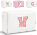 Small Personalized Letter Makeup Bag, Cute PU Leather Chenille Letters Cosmetic Bag Travel Makeup Pouch, Preppy Travel Organizer Zipper Pouch for Women&Girls（WhitePink-V）