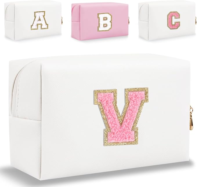 Small Personalized Letter Makeup Bag, Cute PU Leather Chenille Letters Cosmetic Bag Travel Makeup Pouch, Preppy Travel Organizer Zipper Pouch for Women&Girls（WhitePink-V）