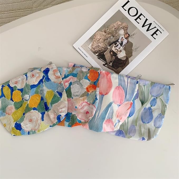 Floral Makeup Bag Large Cotton Zipper Pouch for Purse Travel Canvas Make Up Organizer for Women Cosmetic,Tulip Pink