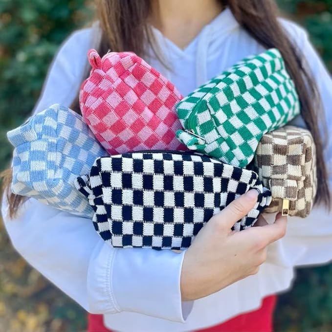 SOIDRAM 6 Pcs Checkered Makeup Bag Preppy Cosmetic Bag Bulk Pink Black Makeup Pouch Personalize Travel Toiletry Bag Organizer Cute DIY Makeup Brushes Storage Bag for Women