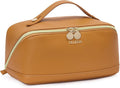 Telena Leather Make Up Bag Portable Travel Makeup Bag Waterproof Cosmetic Bags for Women Large Capacity With Handle and Divider Open Flat
