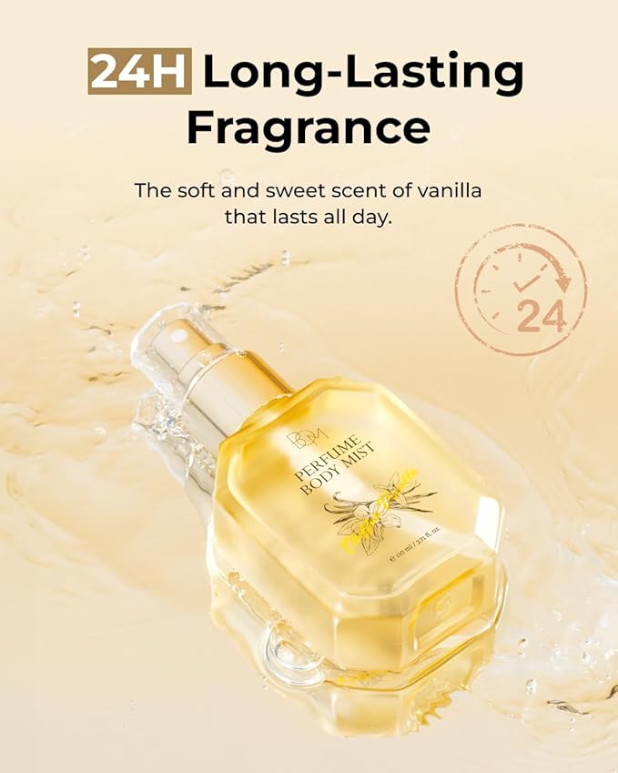 BOM Chiffon Vanilla Body Mist 3.71 Fl Oz, Vanilla Scented Fine Mist with Hyaluronic Acid, Niacinamide & Vitamin C, Hydrating, Lightweight, Long Lasting Fragrance, Korean Skincare