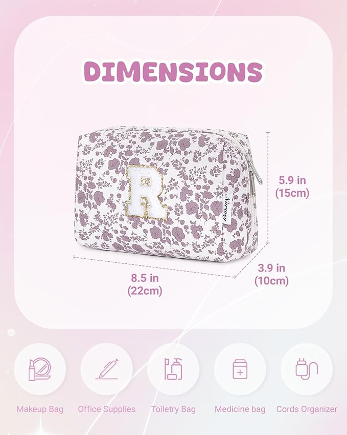 Narwey Birthday Gifts for Teen Girls Kids Women Personalized Initial Floral Makeup Bag Cute Cosmetic Trendy Stuff 6 8 10 11 12 13 14 16 18 Years Old Travel Toiletry Bag (Little Dusty Pink Flower R)