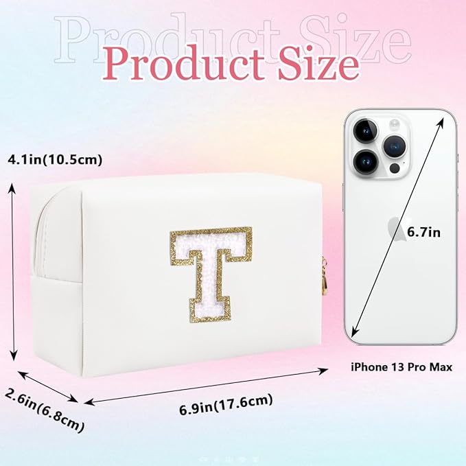 Small Personalized Letter Makeup Bag, Cute PU Leather Chenille Letters Cosmetic Bag Travel Makeup Pouch, Preppy Travel Organizer Zipper Pouch for Women&Girls（White-T）