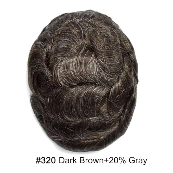 FACE MIRACLE Mens Toupee Lace Front Hairpieces Soft Human Hair Replacement System Toupee for Men French Lace Poly V-Looped Mens hair Units 6"X8" #320 3# DARK BROWN WITH 20% SYNTHETIC GREY