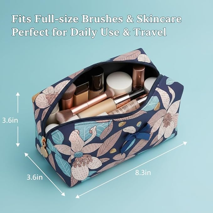 Floral Cotton Makeup Brush Cosmetic Bag for Women, Travel Quilted Zipper Pouch, Large Capacity Flowers Toiletry Organizer, Kawaii Makeup Storage Case, Cosmetic Travel Cloth Bag–Navy Big Floral