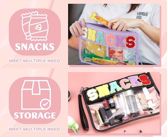 4 Piece Clear Snack Bag for Travel, Chenille Letter Zipper Pouch, Nylon Cosmetic & Makeup Bag, Waterproof Reusable Organizer for Snacks, Toiletries, School, Vacation, Glitter Patch Design
