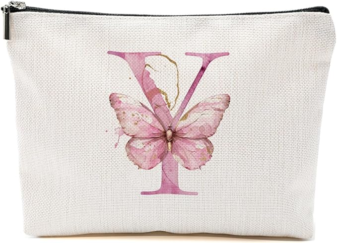 Initial Makeup Bag Pink Butterfly Y Personalized Cosmetic Bag Monogrammed Gifts for Women Girls Aunt Bridesmaid Monogram Zipper Pouch for Friendship Mothers Day Birthday Wedding Bridal Shower Gifts