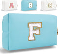 Small Personalized Letter Makeup Bag, Cute PU Leather Chenille Letters Cosmetic Bag Travel Makeup Pouch, Preppy Travel Organizer Zipper Pouch for Women&Girls（Blue-F）