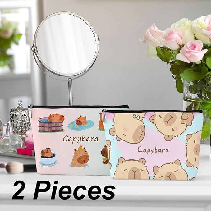 2 Pcs Cute Capybara Makeup Bag, Large Capacity Travel Makeup Case Cosmetic Bags for Women, Portable Pouch Purse Travel Essentials Toiletries Accessories, Christmas Birthday Gifts for Women