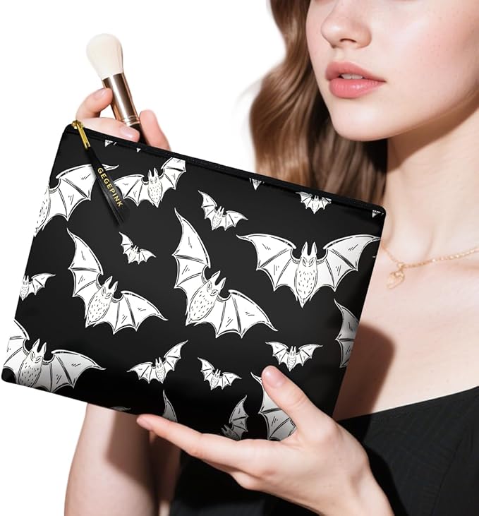 Cute Makeup Bag for Purse Waterproof Cosmetic Bags for Women Funny Smooth Zipper Travel Toiletry Pouch 10X8 Inches-Halloween Bat Makeup pouch