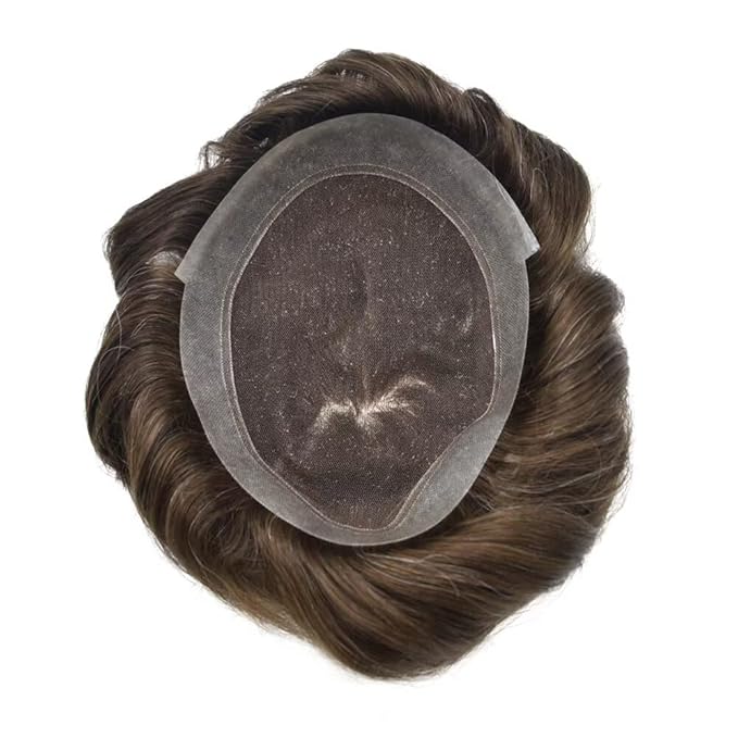 FACE MIRACLE Toupee for Men Lace Center Mens Toupee Hairpiece for Man Human Hair Replacement System Lace Center with Poly around Hair Units Mens Wig Hair Prosthesis 6"X8" #310 Dark Brown with 10% Gray