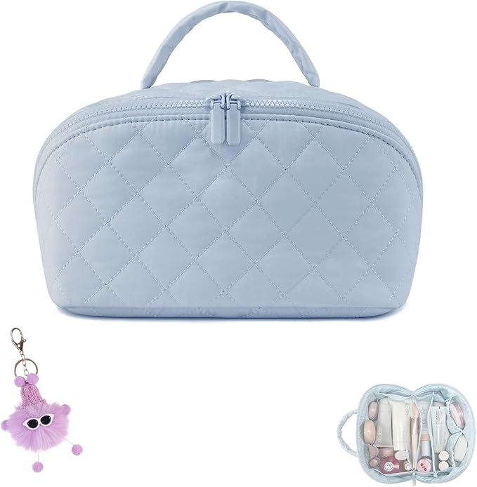 Makeup Bag for Woman, 180° Lay Flat Wide Open Makeup Bags, Large Fold out Washable Cosmetic Case, Quilted Puffy Toiletry Bags for Toiletries (Blue)