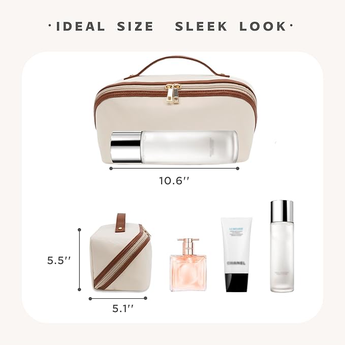 Travel Makeup Bag – Large Cosmetic Organizer with Waterproof Nylon, Smooth Double Zipper & Tear-Resistant Lining, Toiletry Pouch for Women (Beige)