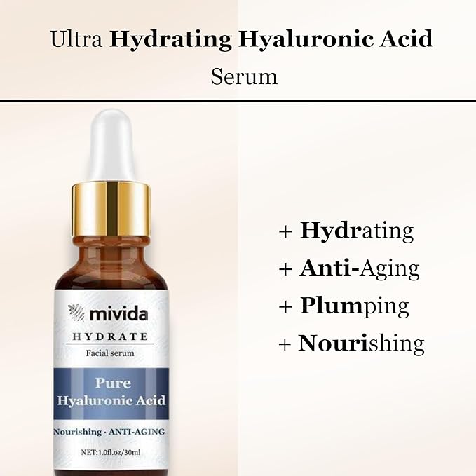 Mivida Hyaluronic Acid Serum for Face – Deep Hydration & Anti-Aging Facial Serum – Lightweight, Non-Greasy, Fast Absorbing – Plumps & Firms Fine Lines, Wrinkles & Dry Skin – Fragrance Free – 1 fl oz