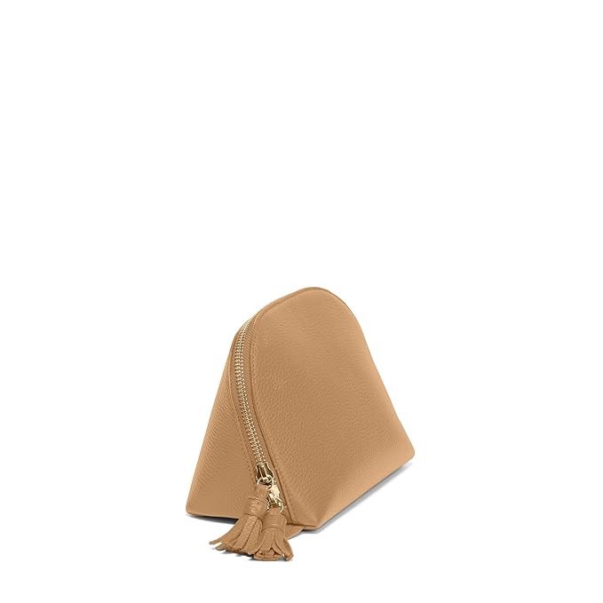 Leatherology Camel Medium Clamshell Makeup Bag – Leather Cosmetic Case with Waterproof Lining, Interior Zip Pocket & Double Tassel Zippers – Travel & Vanity Organizer