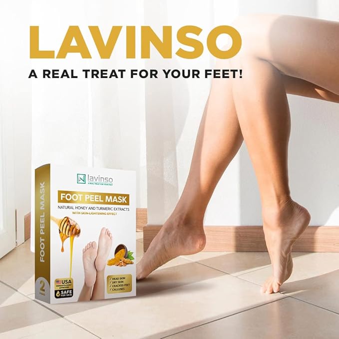 Lavinso Foot Peeling Mask Extra Strength - 3 Pack - Feet Mask for Dry Cracked Feet and Callus - with Honey and Turmeric