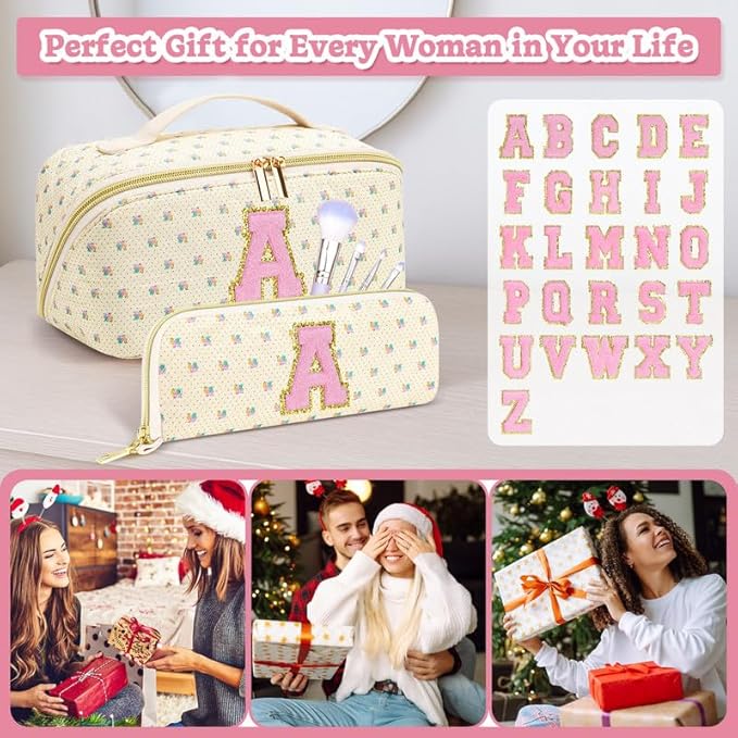 Personalized Travel Makeup Bag Set,Initial Travel Cute Floral Makeup Organizer Bag,Toiletry Skincare Cosmetic Bag,Christmas Gifts for Women/Girls,Open Flat Toiletry Pouch with Brush Pocket-F