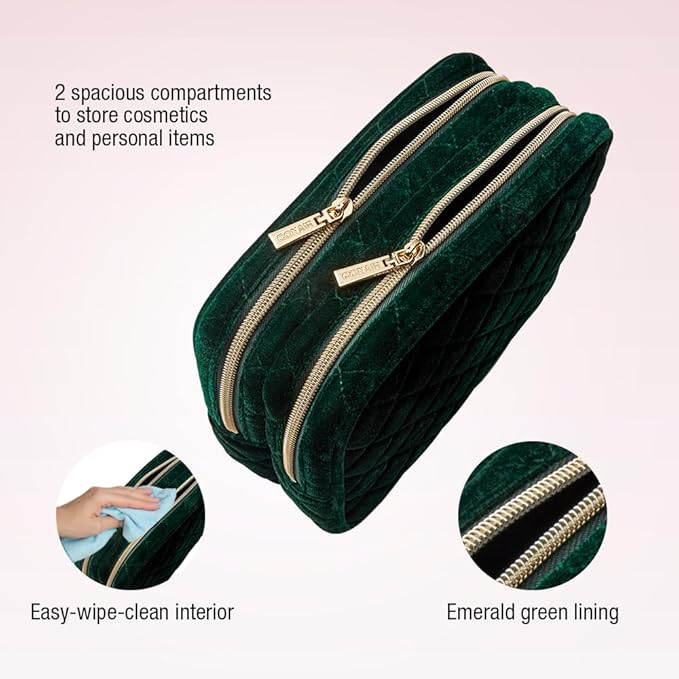 Conair Travel Double Zip Organizer - Toiletry Bag - Makeup Bag - Travel Makeup Bag - Makeup Organizer - Gifts for women - Green Velvet