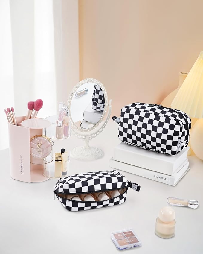 Narwey Small Checkered Makeup Bag for Purse Travel Makeup Pouch Mini Cosmetic Bag Zipper Pouch for Women (Black Checkerboard, Small)