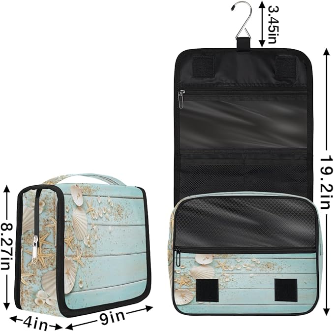 Hanging Travel Toiletry Bag for Women Men Teal Wooden Waterproof Makeup Bag Beach Starfish Portable Cosmetic Bag Travel Essentials for Traveling Accessories Toiletries Bathroom Shower