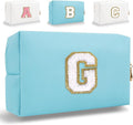 Small Personalized Letter Makeup Bag, Cute PU Leather Chenille Letters Cosmetic Bag Travel Makeup Pouch, Preppy Travel Organizer Zipper Pouch for Women&Girls（Blue-G）