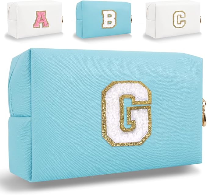 Small Personalized Letter Makeup Bag, Cute PU Leather Chenille Letters Cosmetic Bag Travel Makeup Pouch, Preppy Travel Organizer Zipper Pouch for Women&Girls（Blue-G）