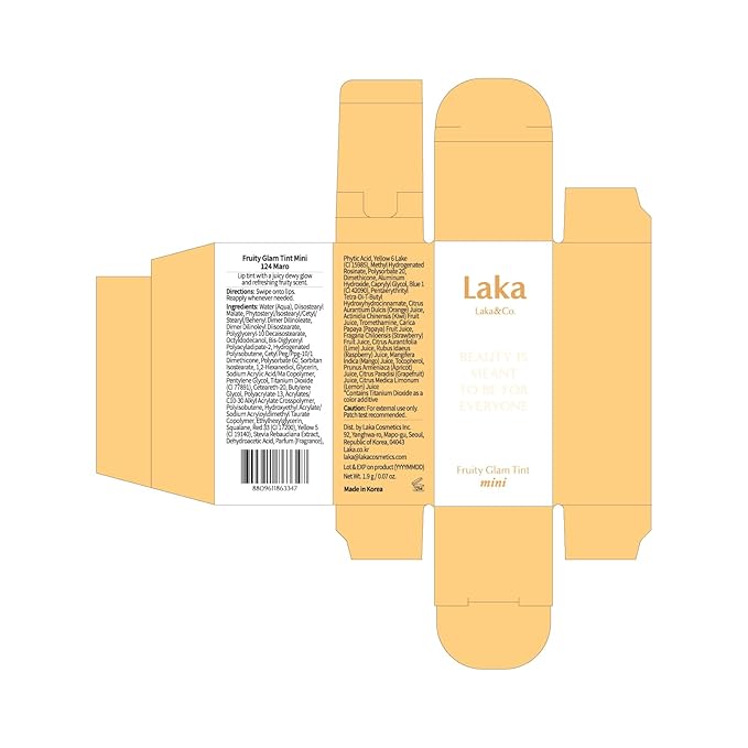 Laka Fruity Glam Tint, Glowing Lip Stain with Wide Color Spectrum, Hydrating & Lightweight Texture, Long-Lasting Bold Stain, Non-Sticky, Vegan, K-Beauty (#124 Maro, 4.5g/0.15oz)