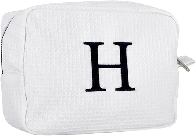 Personalized White Waffle Makeup Bag,Custom Embroidered Initial Cosmetic Pouch for Women,Monogrammed Cosmetic Case,Bridesmaid Gifts (H)