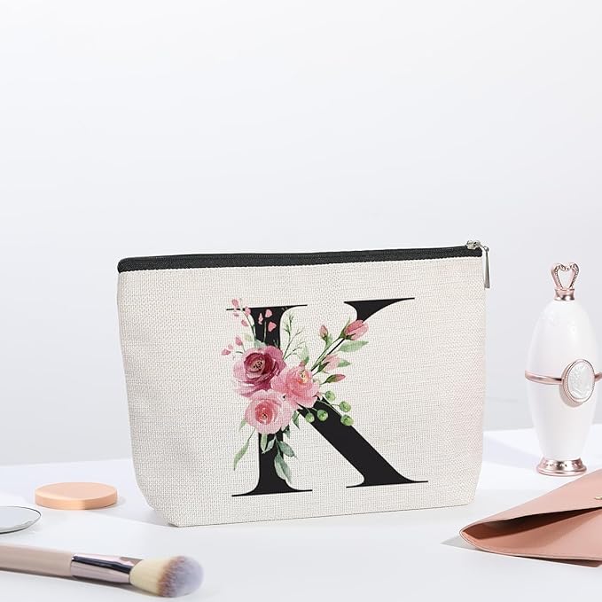 Initial Makeup Bag, Personalized Gifts for Women, Bridesmaid Gifts, Birthday Gifts for Women Mom, Gifts for Best Friend, Bride Bridesmaid Cosmetic bag (Letter K)