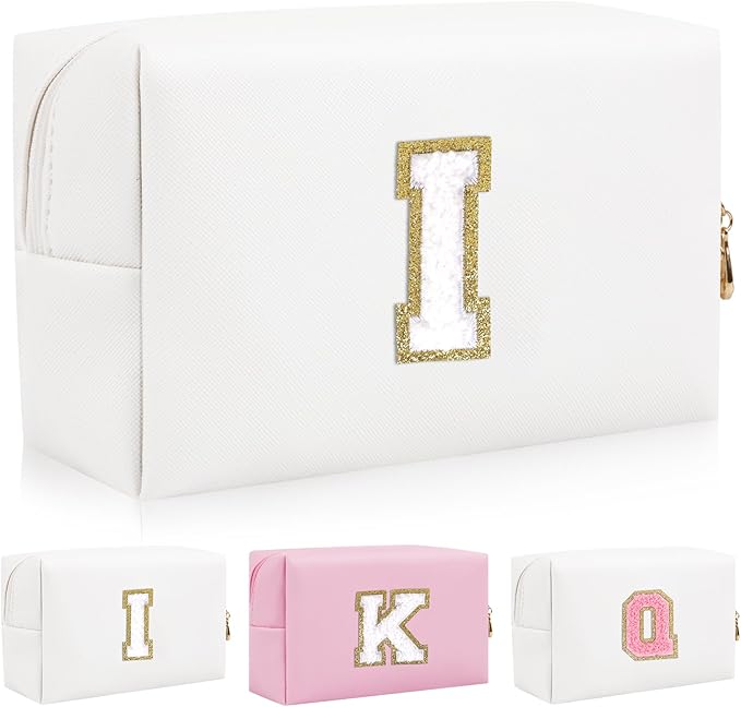 Personalized Initial Letter Patch Makeup Bag, Preppy Portable Chenille Letter Cosmetic Bag with Zipper, PU Leather Waterproof Travel Toiletry Bag Monogram Make Up Pouch for Women Girls(Letter I)